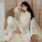 Flower Embroidered Long-sleeve Cheongsam / Mesh Midi A-line Skirt