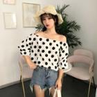 Elbow-sleeve Polka Dot Chiffon Blouse White - One Size