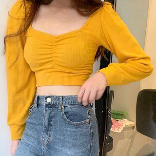 Sweetheart-neckline Shirred Knit Crop Top