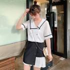 Striped Short-sleeve Blouse/ A-line Skirt