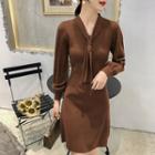 Puff-sleeve Knotted Mini Knit Dress