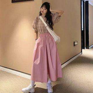 Balloon-sleeve Plaid Blouse / Wide Leg Pants