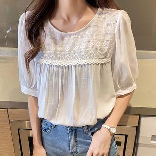 Short-sleeve Eyelet Lace Chiffon Blouse