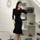 Long-sleeve Beaded Ruffled Dress Black - One Size