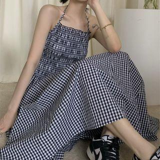 Halter Open-back Gingham Check Midi A-line Dress Gingham - Black & White - One Size