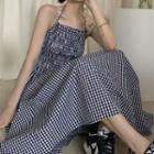 Halter Open-back Gingham Check Midi A-line Dress Gingham - Black & White - One Size