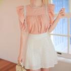 Flutter-sleeve Laced Shirred Top Pink - One Size