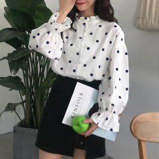 Frilled Trim Puff Sleeve Dot Print Blouse