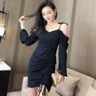 Off-shoulder Drawstring Plain Dress