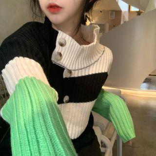Color Block Mock-neck Cardigan Black & Green - One Size