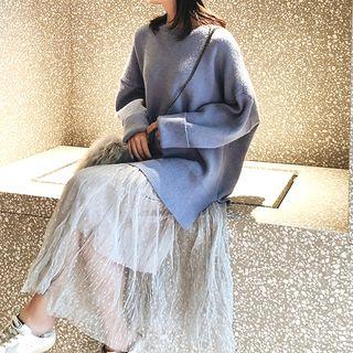 Crew Neck Sweater / Midi Mesh Skirt