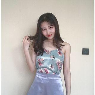 Set: Floral Print Spaghetti Strap Satin Top + A-line Midi Skirt