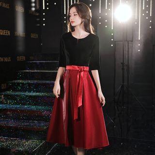 Elbow-sleeve Tie-waist Midi A-line Cocktail Dress