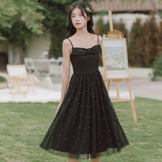 Spaghetti-strap Ribbon Mesh Panel Midi A-line Dress