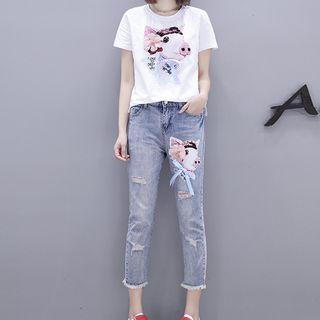 Set: Short-sleeve Pig Print T-shirt + Ripped Jeans