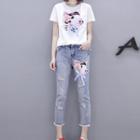 Set: Short-sleeve Pig Print T-shirt + Ripped Jeans