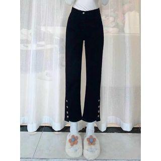 Mid Rise Buttoned Hem Straight Leg Jeans
