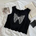 Butterfly Print Crop Tank Top Black - One Size