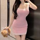 Spaghetti Strap Houndstooth Mini Bodycon Dress Pink - One Size