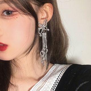 Bow Rhinestone Fringed Earring 1 Pair - Bow Rhinestone Fringed Earring - Silver - One Size