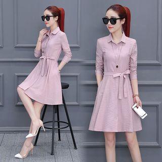 Long-sleeve Plain Tie-waist Dress