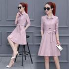 Long-sleeve Plain Tie-waist Dress