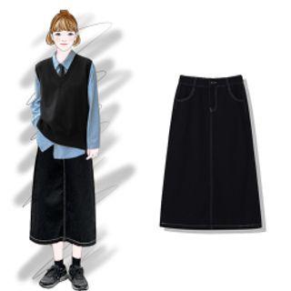 Tie-neck Shirt / V-neck Knit Vest