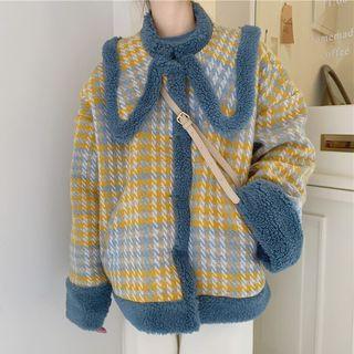 Collared Houndstooth Buttoned Jacket As Shown In Figure - One Size