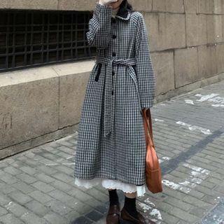 Plaid Button-up Long Coat Black - One Size