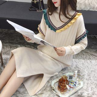 Set: Frill Trim V-neck Sweater + High Neck Knit Dress