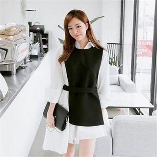 Set : Sleeveless Top + Asymmetric-hem Shirt With Sash