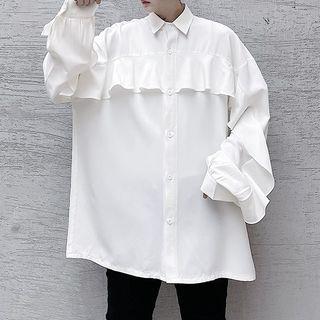 Long-sleeve Ruffled Loose-fit Shirt White - One Size