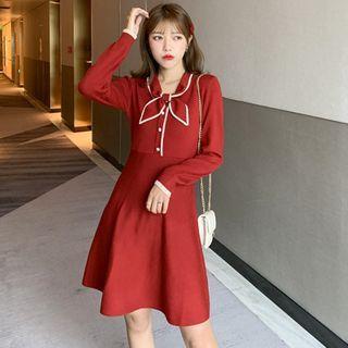 Long-sleeve Tie Neck Mini A-line Knit Dress