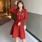 Long-sleeve Tie Neck Mini A-line Knit Dress