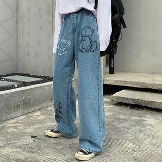 Lettering Bear Print Straight-cut Jeans