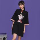 3/4-sleeve Print Mini Qipao Dress