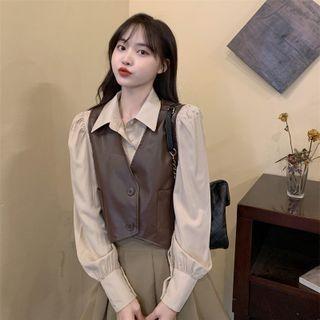 Long-sleeve Plain Shirt / Faux Leather Cropped Vest