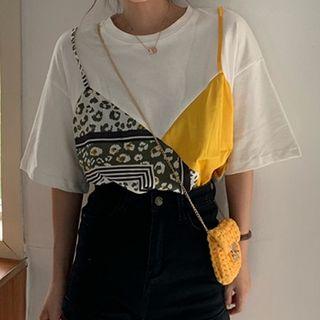 Mock Two-piece Picture Print Panel Short-sleeve Top