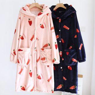 Strawberry Pattern Hooded Fleece Robe