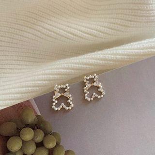 Bear Faux Pearl Rhinestone Earring Earrings - Faux Pearl - Bear - Silver - One Size