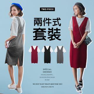 Set: Plain Tee + V-neck Dress