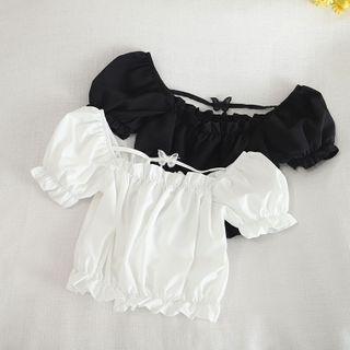Puff-sleeve Butterfly-accent Frill Trim Crop Top