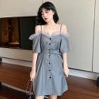 Short-sleeve Cold-shoulder Buttoned Dress With Belt Gray - One Size