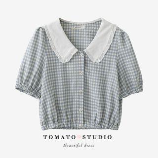 Plaid Two Tone Button-up Cropped Top