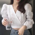 Puff-sleeve Perforated Cropped Top