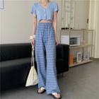 Short-sleeve Cropped Cardigan / Checked Wide-leg Pants