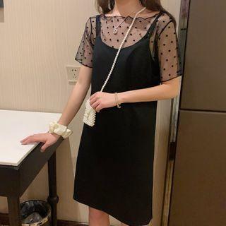 Short Sleeve Dotted Mesh Panel Mock Two Piece Dress