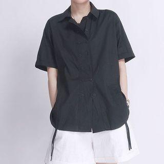 Short-sleeve Double-breasted Drawstring Blouse
