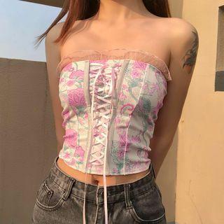 Lace-up Floral Cropped Tube Top
