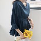 3/4-sleeve Asymmetric Frill Trim Crinkled Top